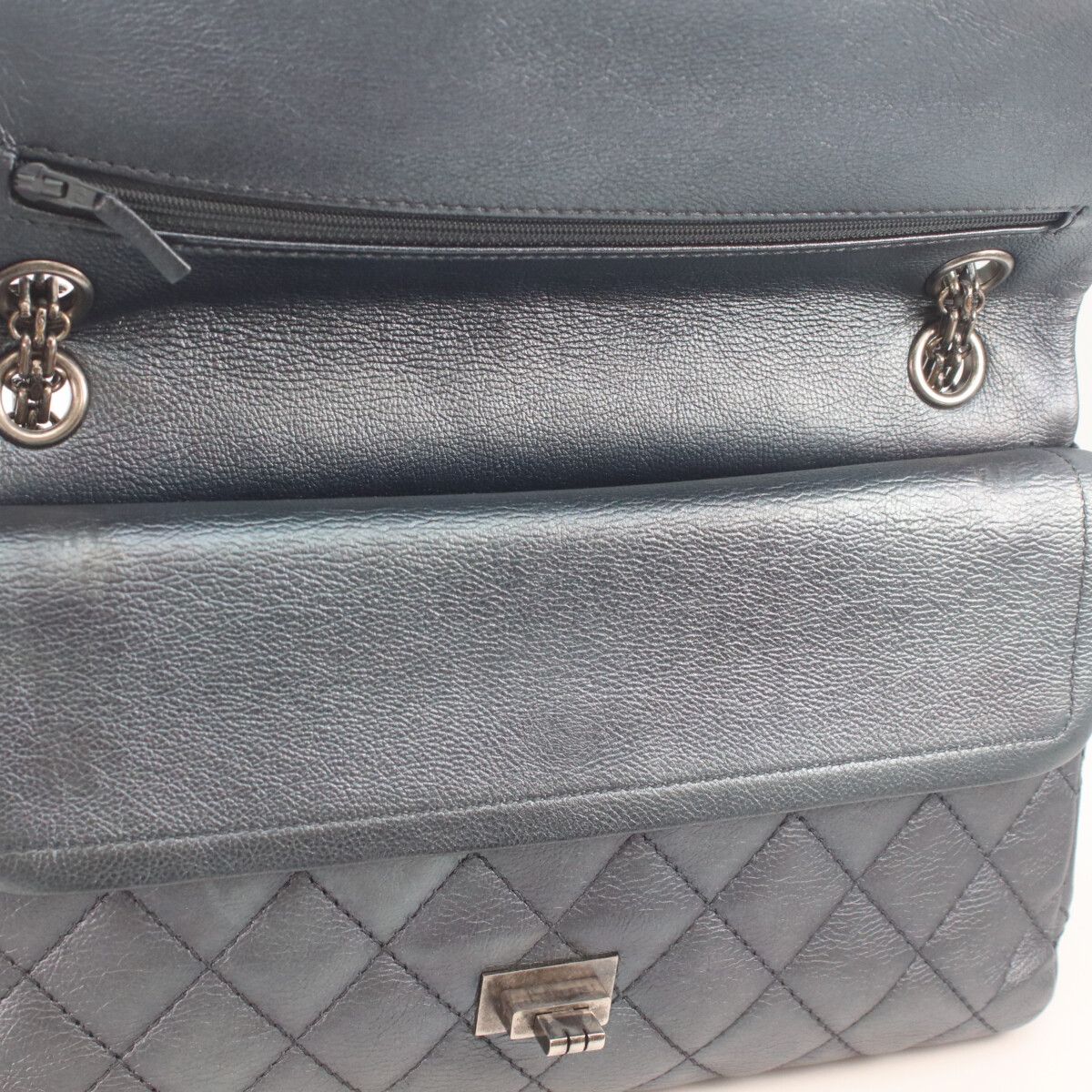 Chanel Metallic Blue Gray Vintage Calf Silver Quilted 2.55 Large Chain Handbag — view 9