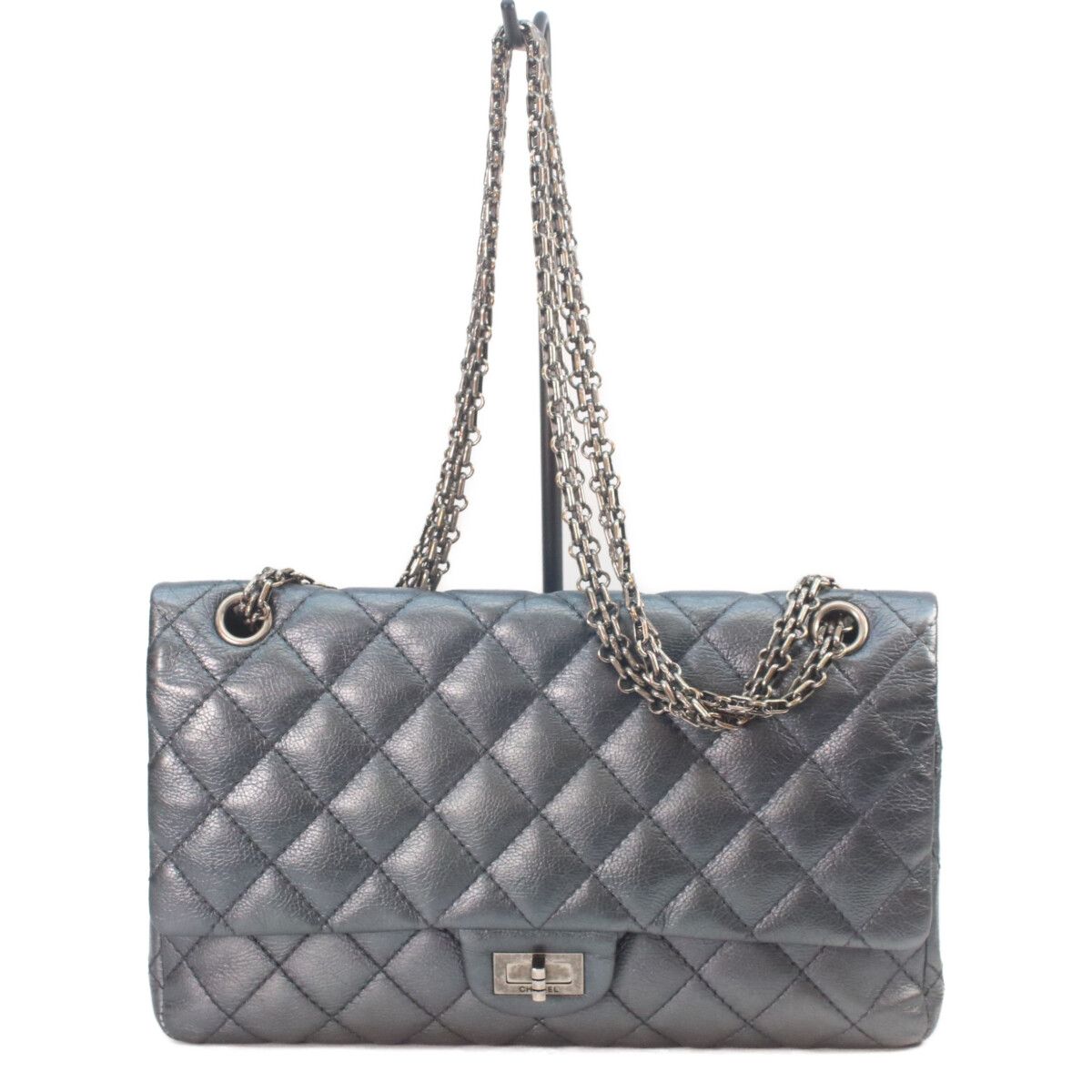 Chanel Metallic Blue Gray Vintage Calf Silver Quilted 2.55 Large Chain Handbag