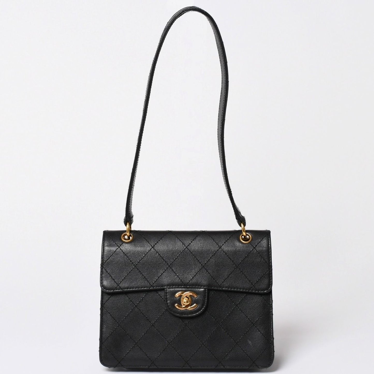 Chanel Quilted Bag CC Logo Caviar Leather Black Gold