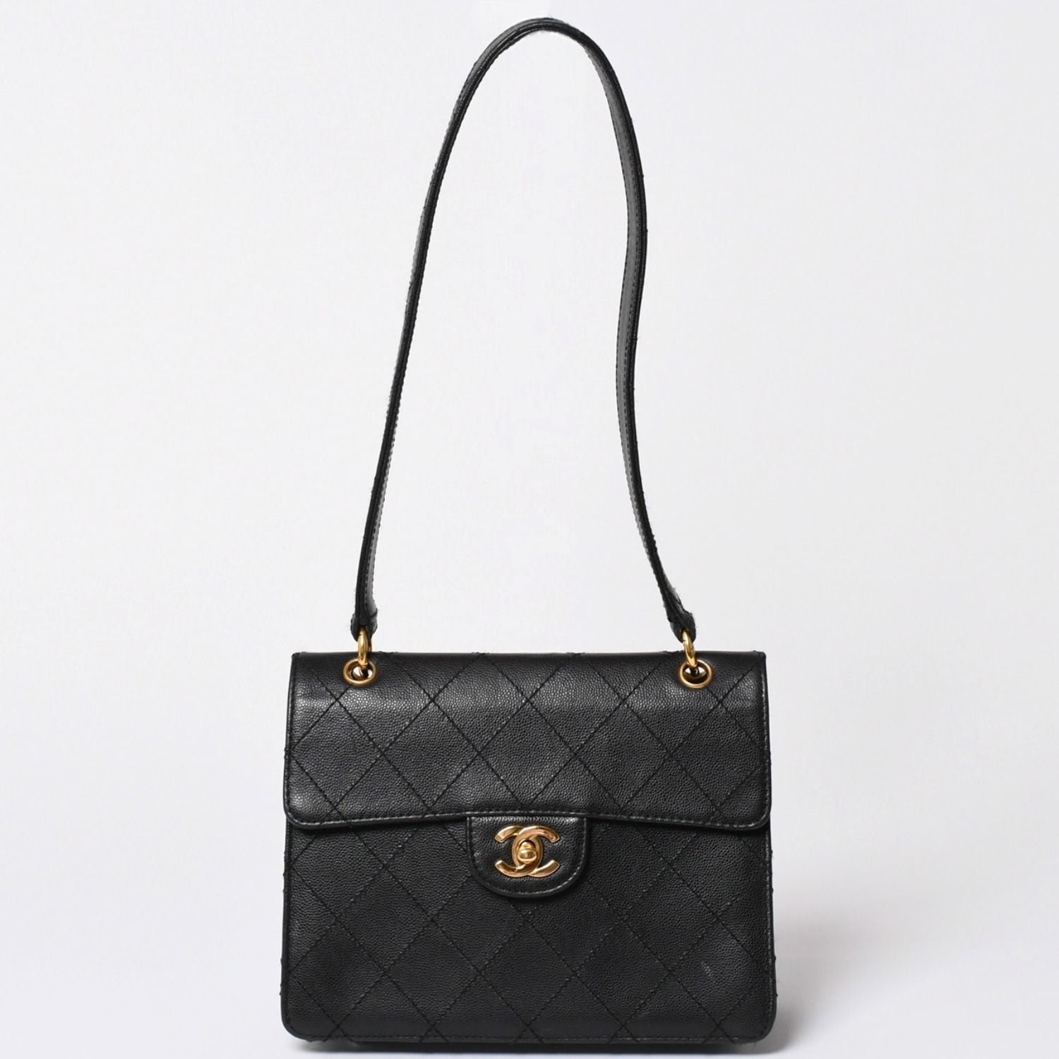 Chanel Quilted Bag CC Logo Caviar Leather Black Gold