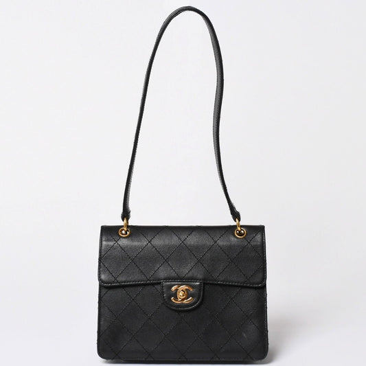 Chanel Quilted Bag CC Logo Caviar Leather Black Gold