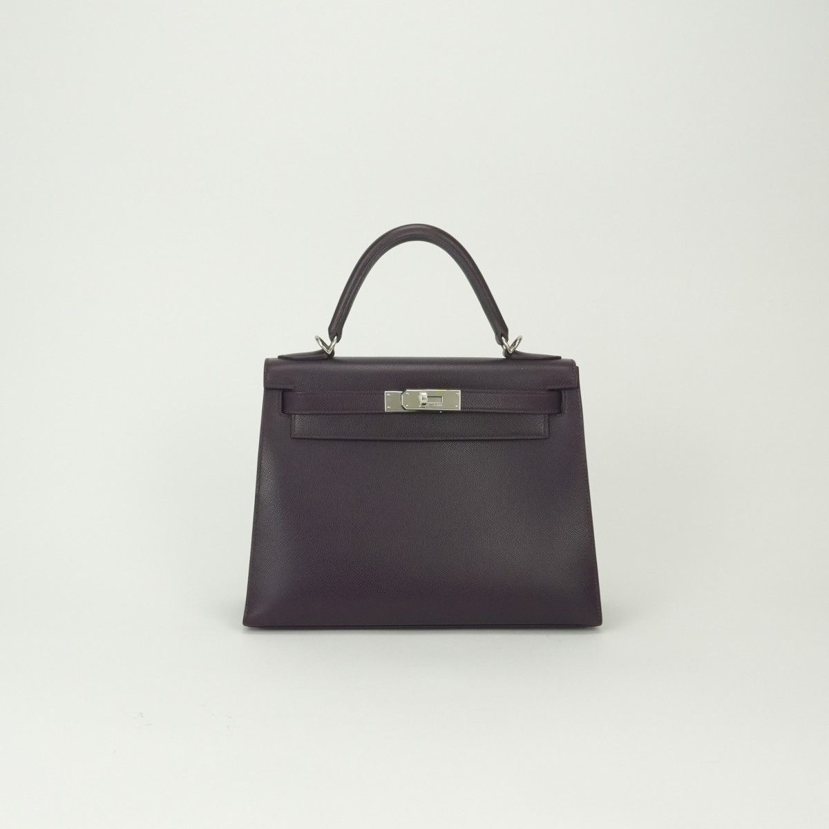 Hermes Kelly 28 Tote Shoulder Bag Epsom Raisin Purple Silver Veau 2-Way Sellier