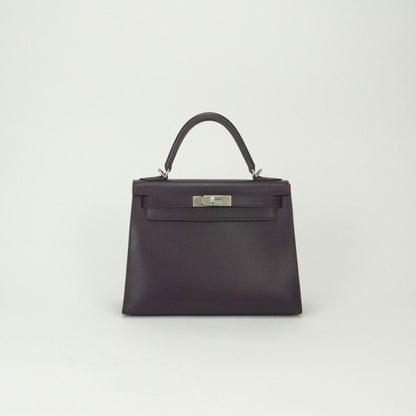 Hermes Kelly 28 Tote Shoulder Bag Epsom Raisin Purple Silver Veau 2-Way Sellier