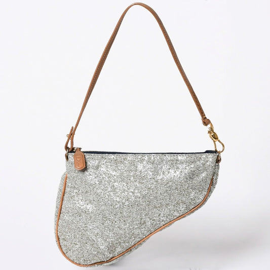Dior Saddle Pouch Canvas Leather Silver Gold