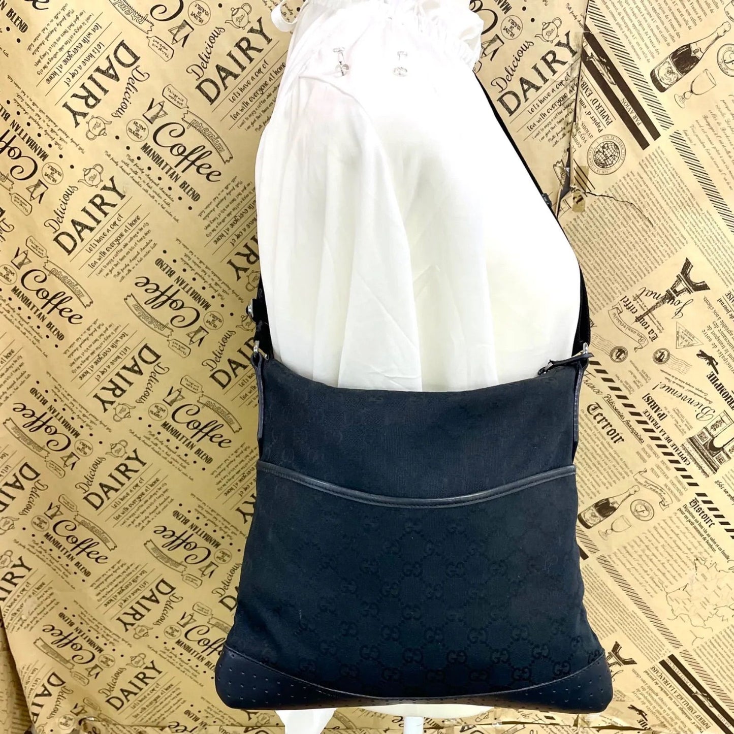 Gucci Perforated Leather Messenger Bag Black