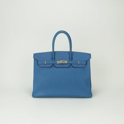 Hermes Birkin 35 Verso Tote Epsom Mykonos Blue Silver Handbag Veau