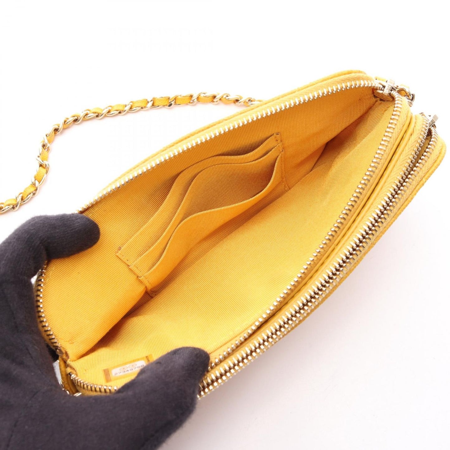 Chanel Shoulder Bag Quilted Yellow Caviar Leather Zip Chain Wallet — view 3