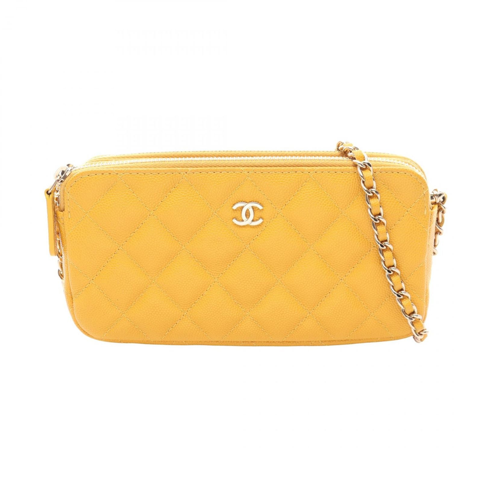 Chanel Shoulder Bag Quilted Yellow Caviar Leather Zip Chain Wallet