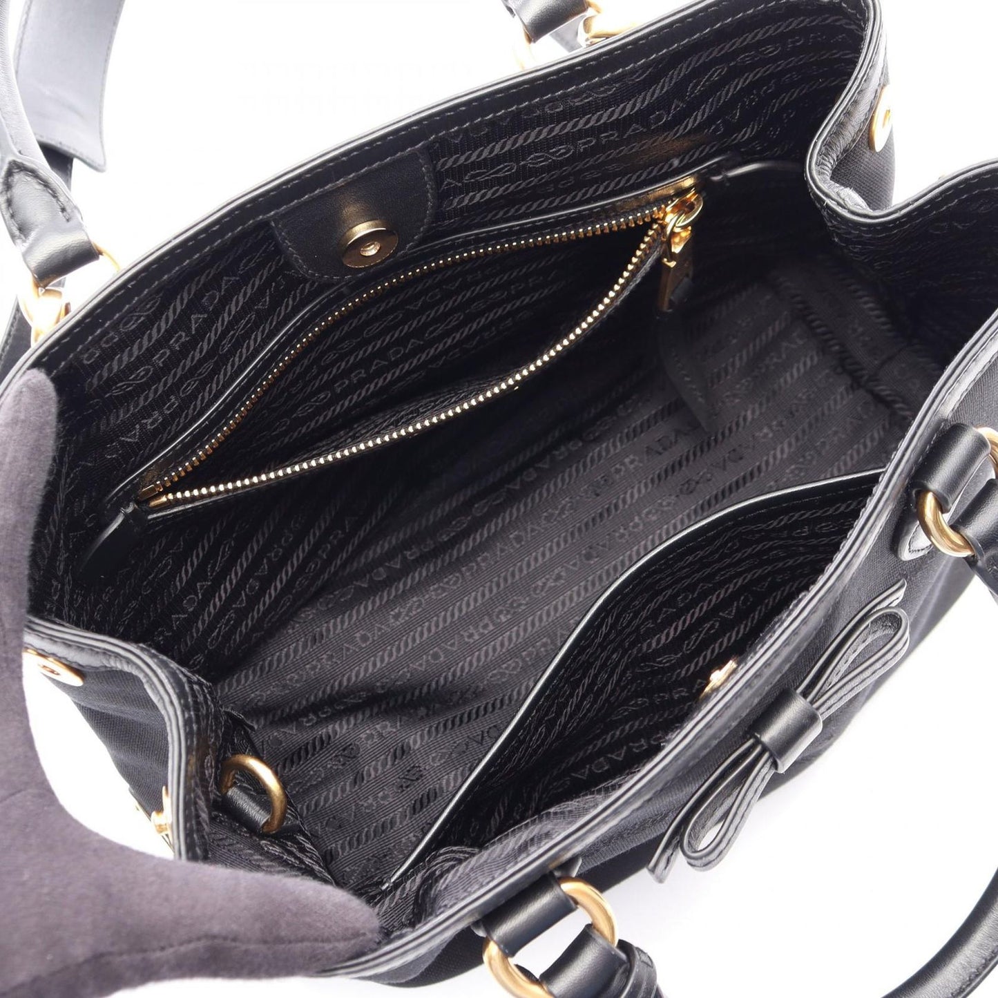 Prada Handbag Logo Jacquard 2-Way Black Canvas Leather with Ribbon — view 3