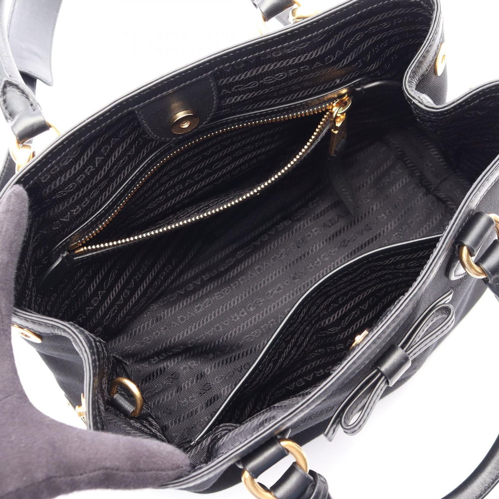 Prada Handbag Logo Jacquard 2-Way Black Canvas Leather with Ribbon — view 3