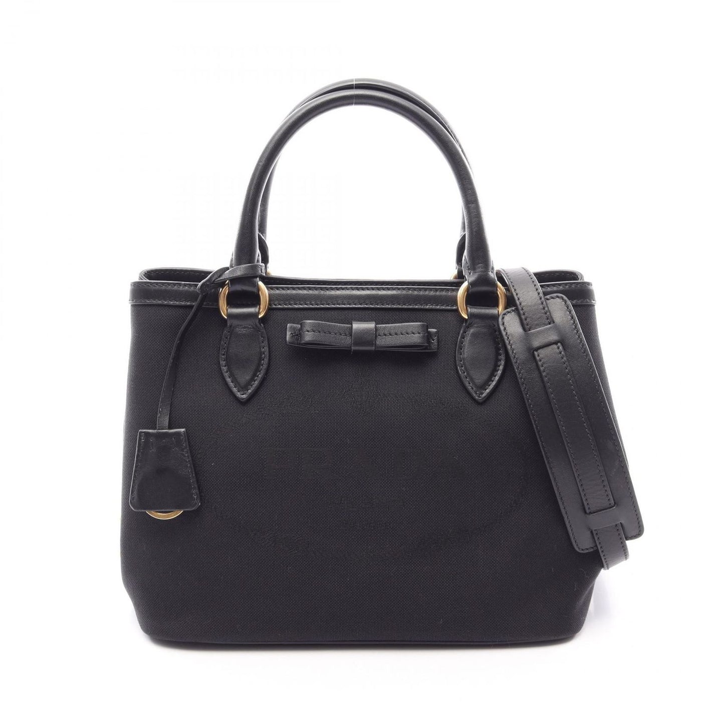 Prada Handbag Logo Jacquard 2-Way Black Canvas Leather with Ribbon
