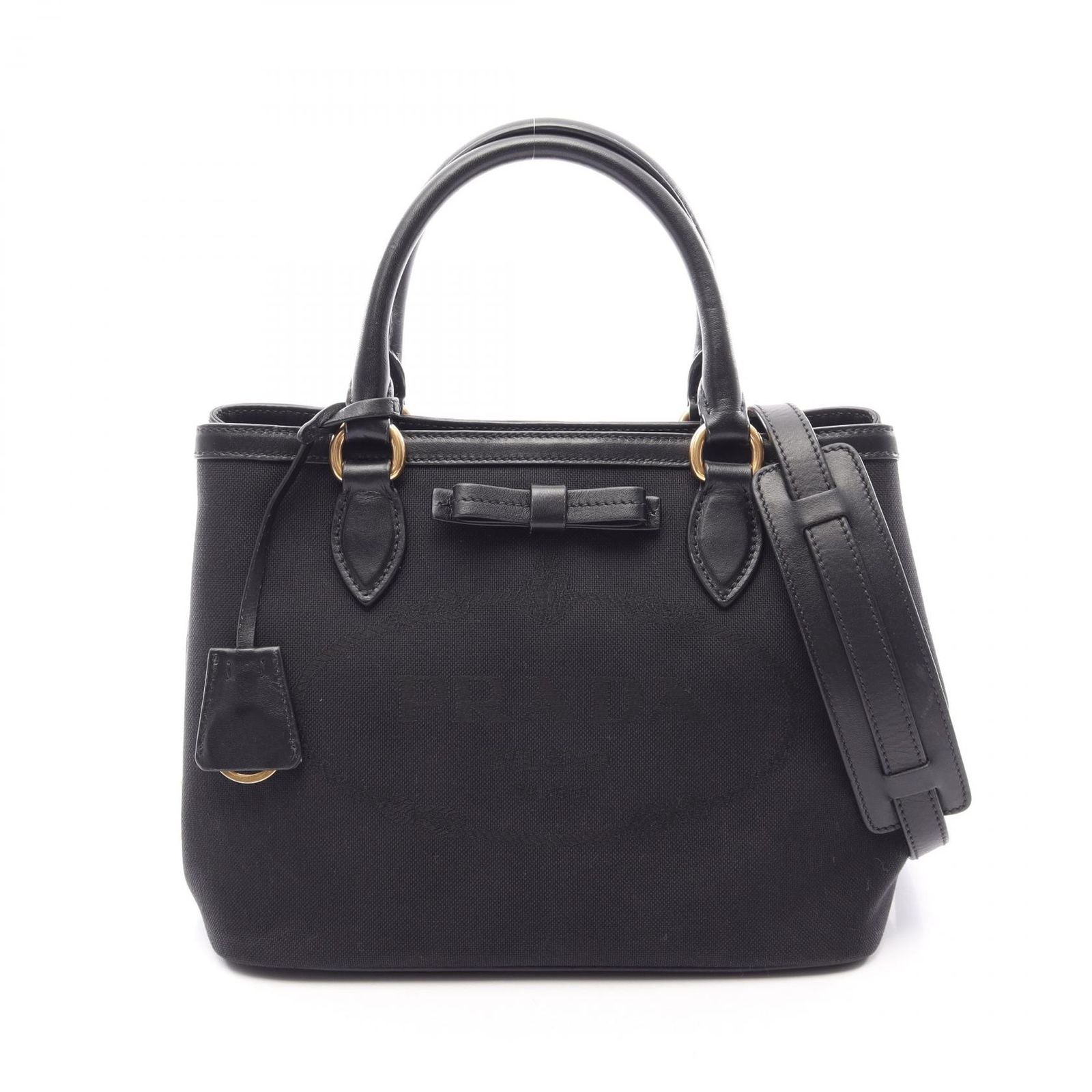 Prada Handbag Logo Jacquard 2-Way Black Canvas Leather with Ribbon