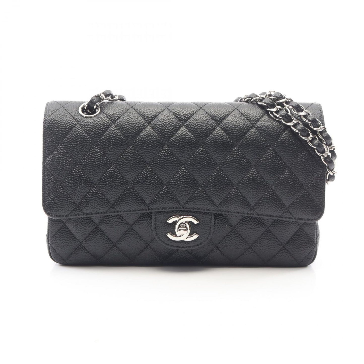 Chanel Shoulder Bag Quilted Double Flap Black Caviar Leather Chain