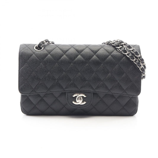 Chanel Shoulder Bag Quilted Double Flap Black Caviar Leather Chain