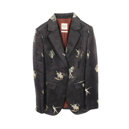Hermes Tailored Jacket Embroidery All Over Pattern Black Silk