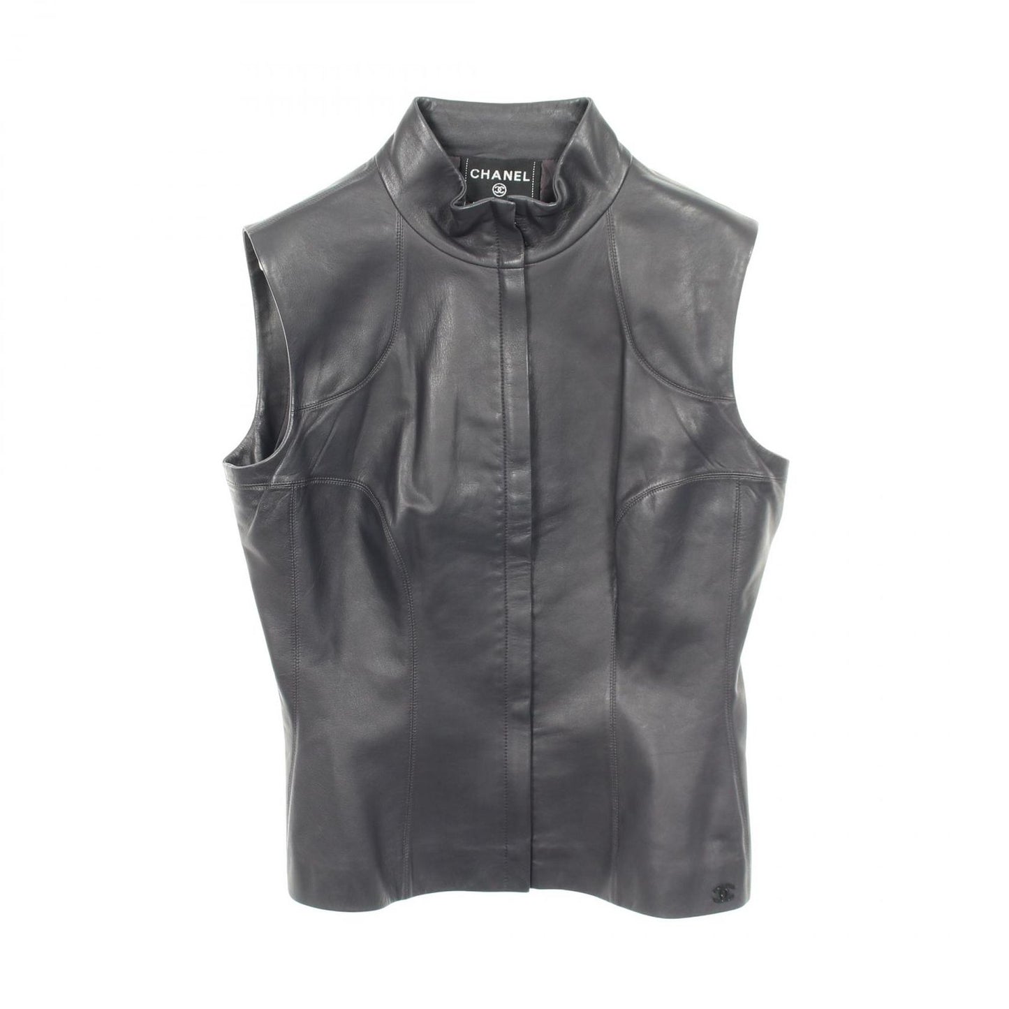 Chanel Vest CC Logo Zip Up Black Lambskin Leather