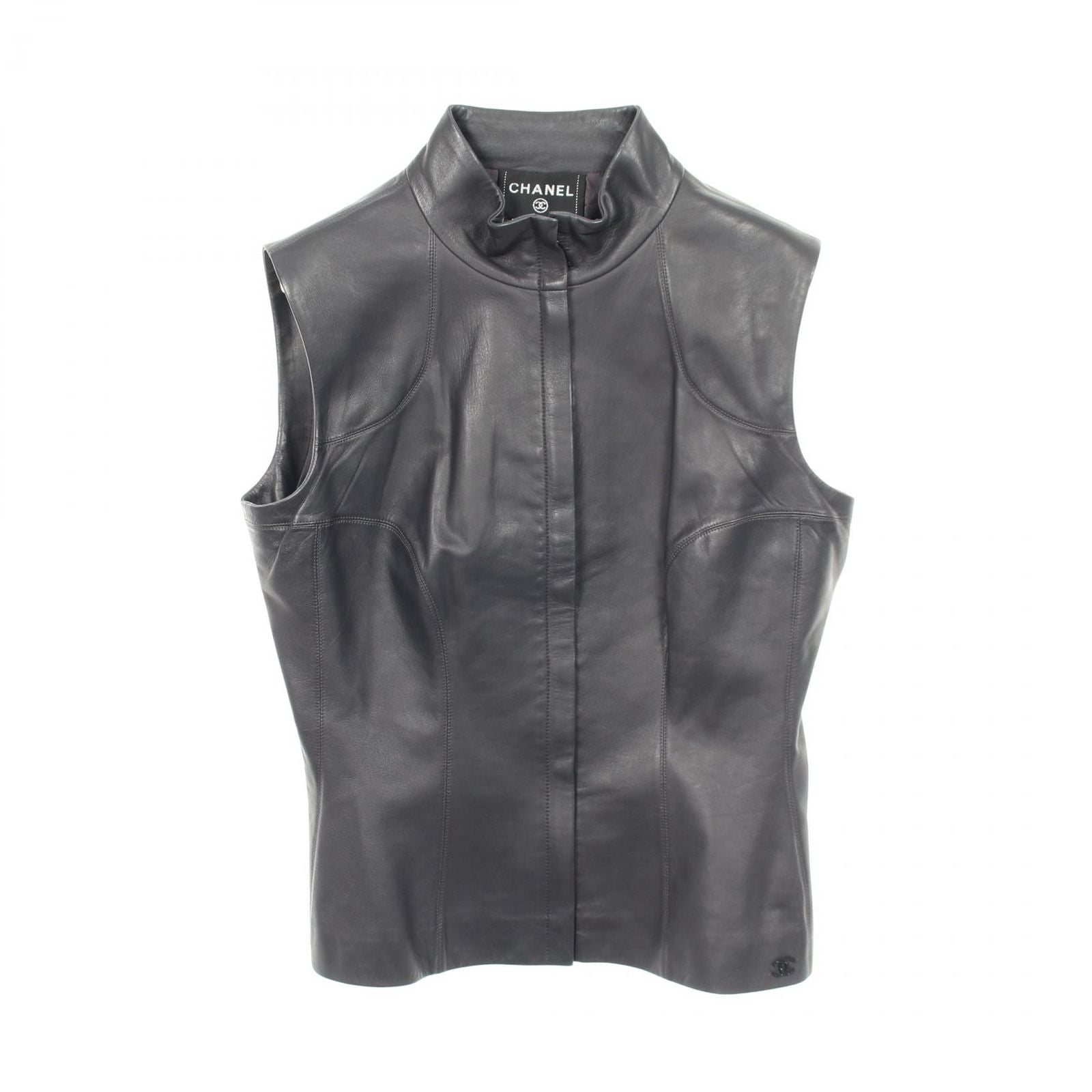 Chanel Vest CC Logo Zip Up Black Lambskin Leather