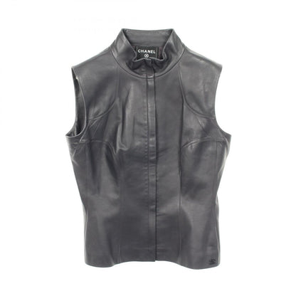 Chanel Vest CC Logo Zip Up Black Lambskin Leather