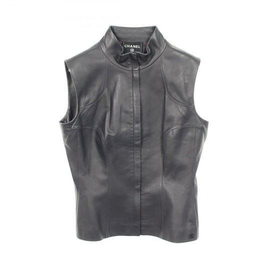 Chanel Vest CC Logo Zip Up Black Lambskin Leather