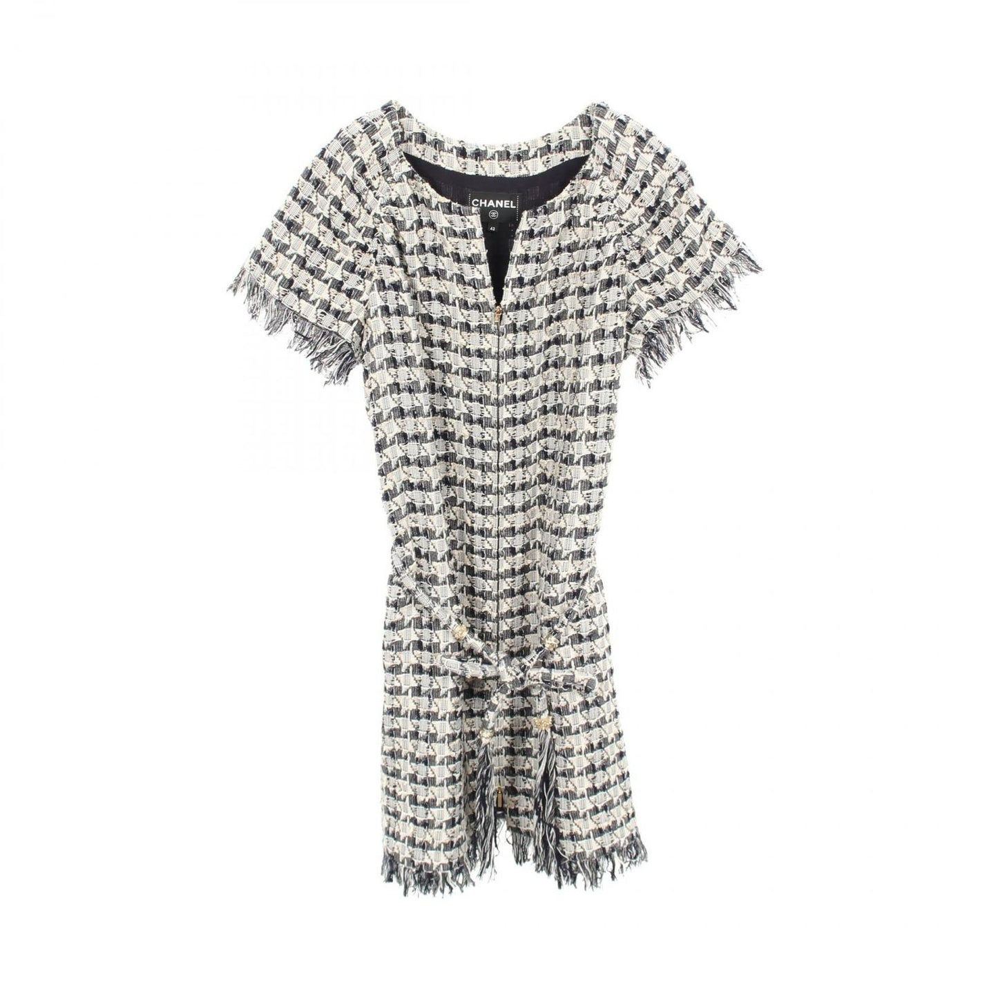 Chanel Dress with Belt All Over Pattern Tweed Short Sleeve Cotton
