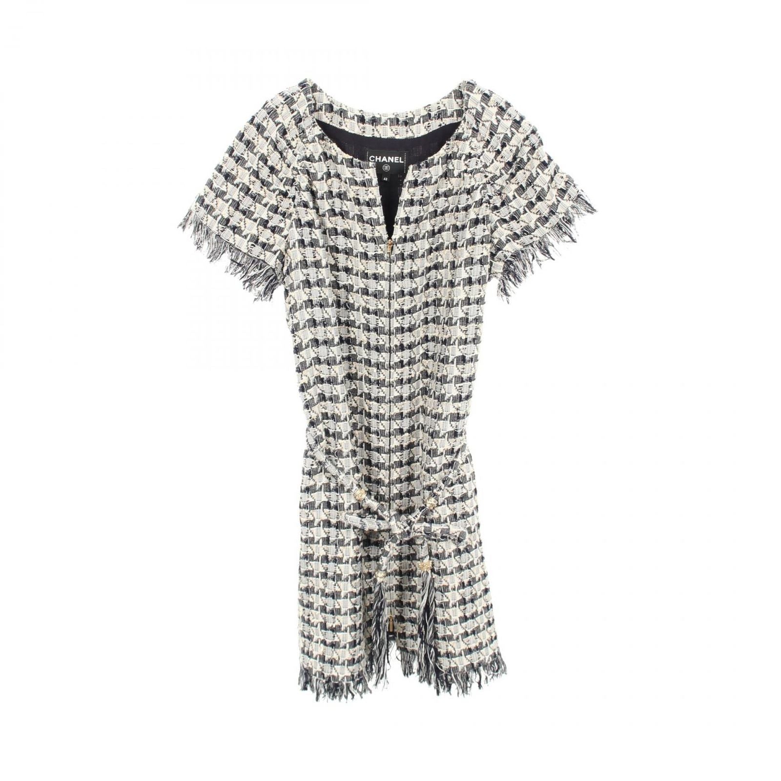 Chanel Dress with Belt All Over Pattern Tweed Short Sleeve Cotton