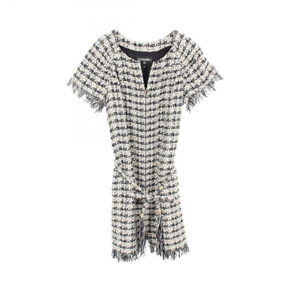 Chanel Dress with Belt All Over Pattern Tweed Short Sleeve Cotton