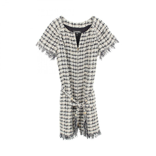 Chanel Dress with Belt All Over Pattern Tweed Short Sleeve Cotton