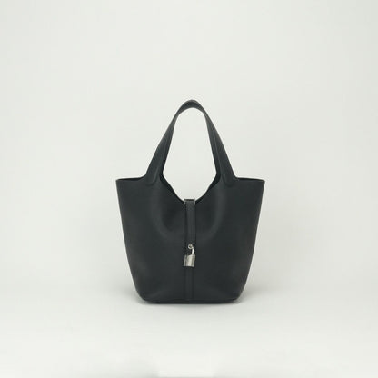 Hermes Picotin Lock MM 22 Tote Taurillon Clemence Noir Black Silver Handbag