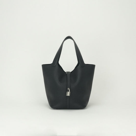 Hermes Picotin Lock MM 22 Tote Taurillon Clemence Noir Black Silver Handbag