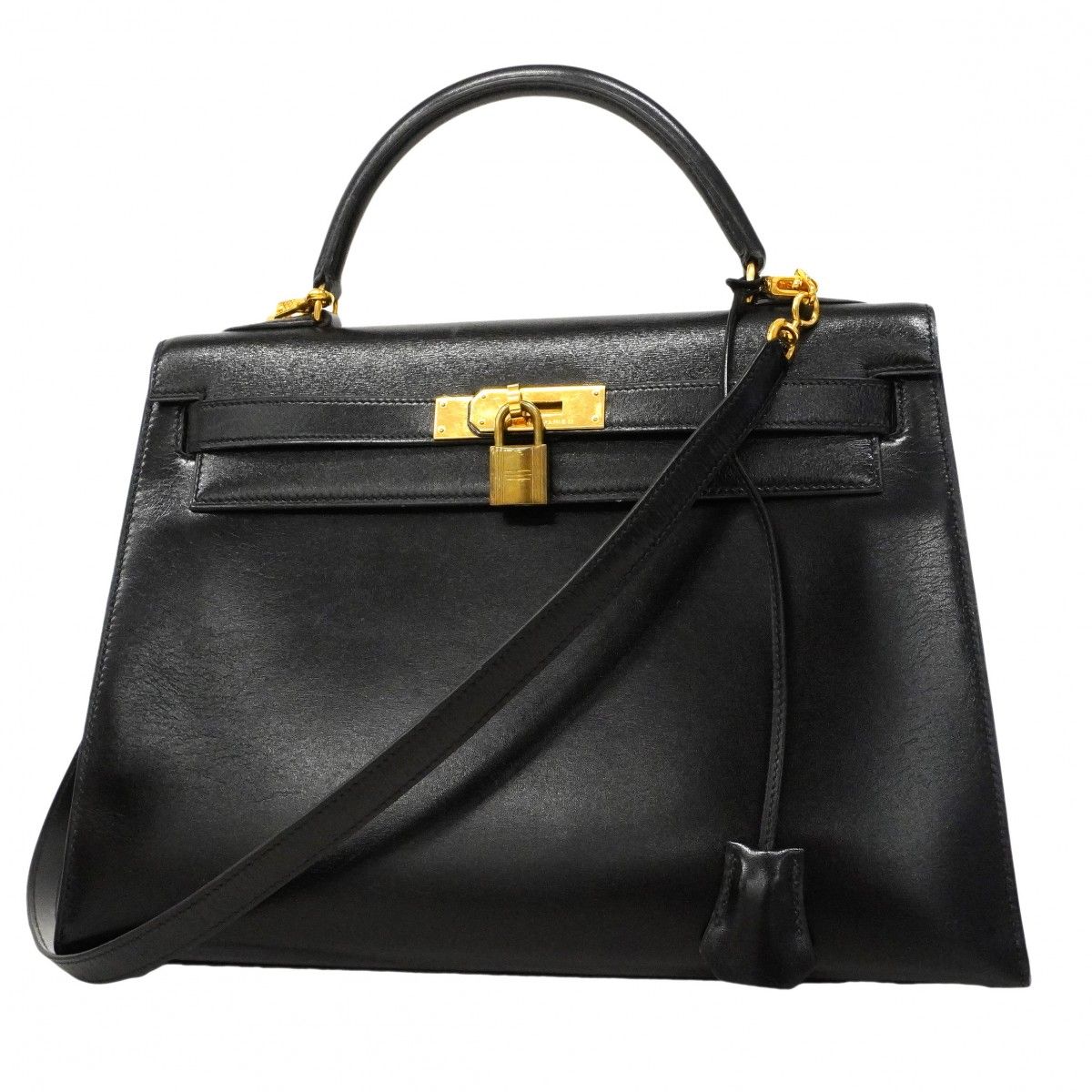 Hermes Handbag Kelly 32 Box Calf Black Gold 2-Way