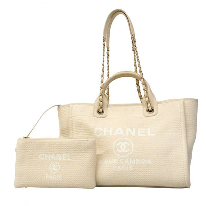 Chanel Handbag Deauville Canvas White Champagne Gold 2-Way