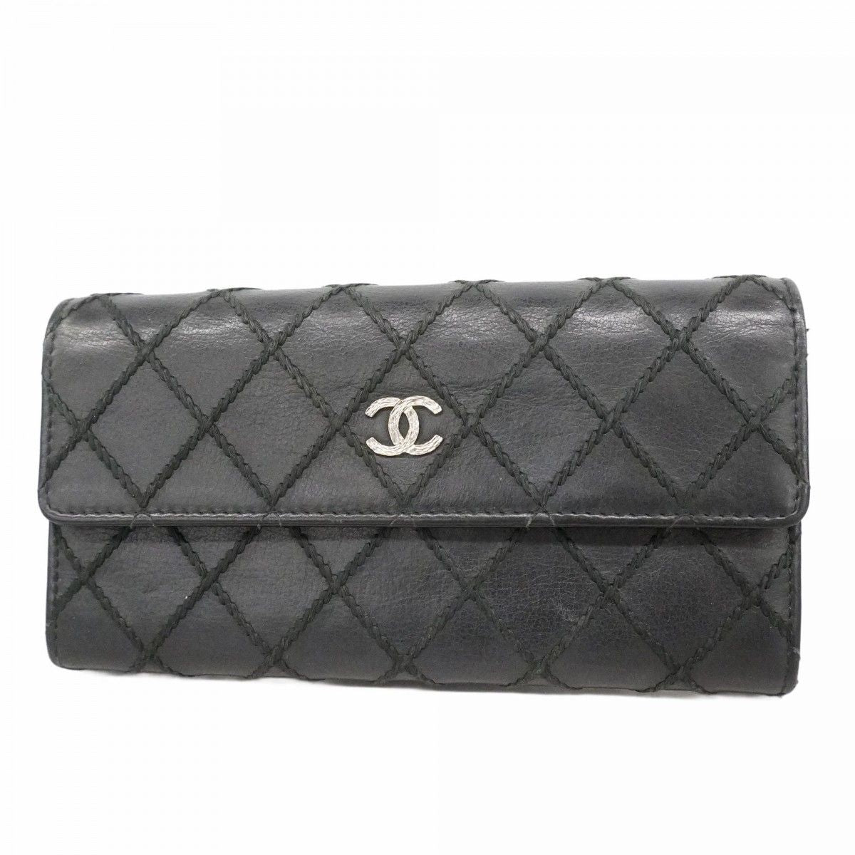 Chanel Wallet Wild Stitch Lambskin Black Silver
