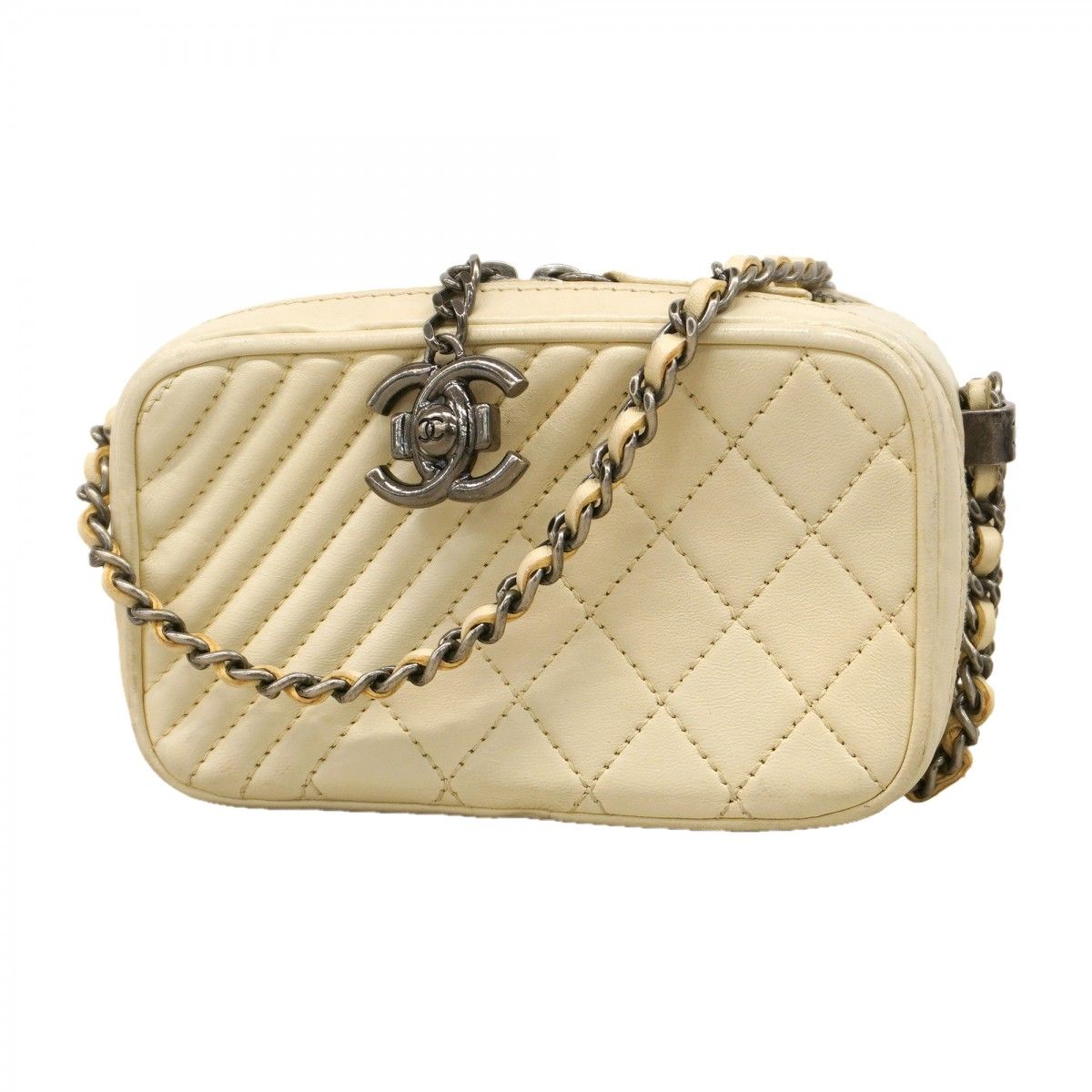 Chanel Shoulder Bag Lambskin Ivory Silver