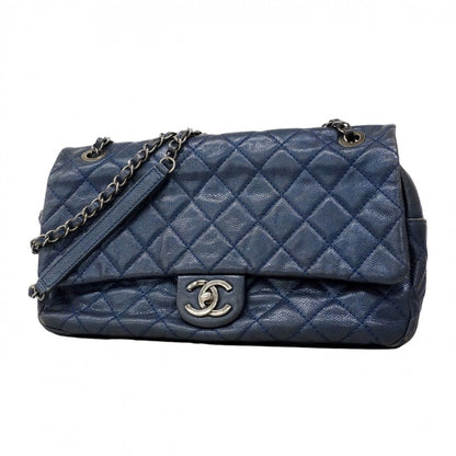 Chanel Shoulder Bag Quilted Caviar Leather Blue Silver