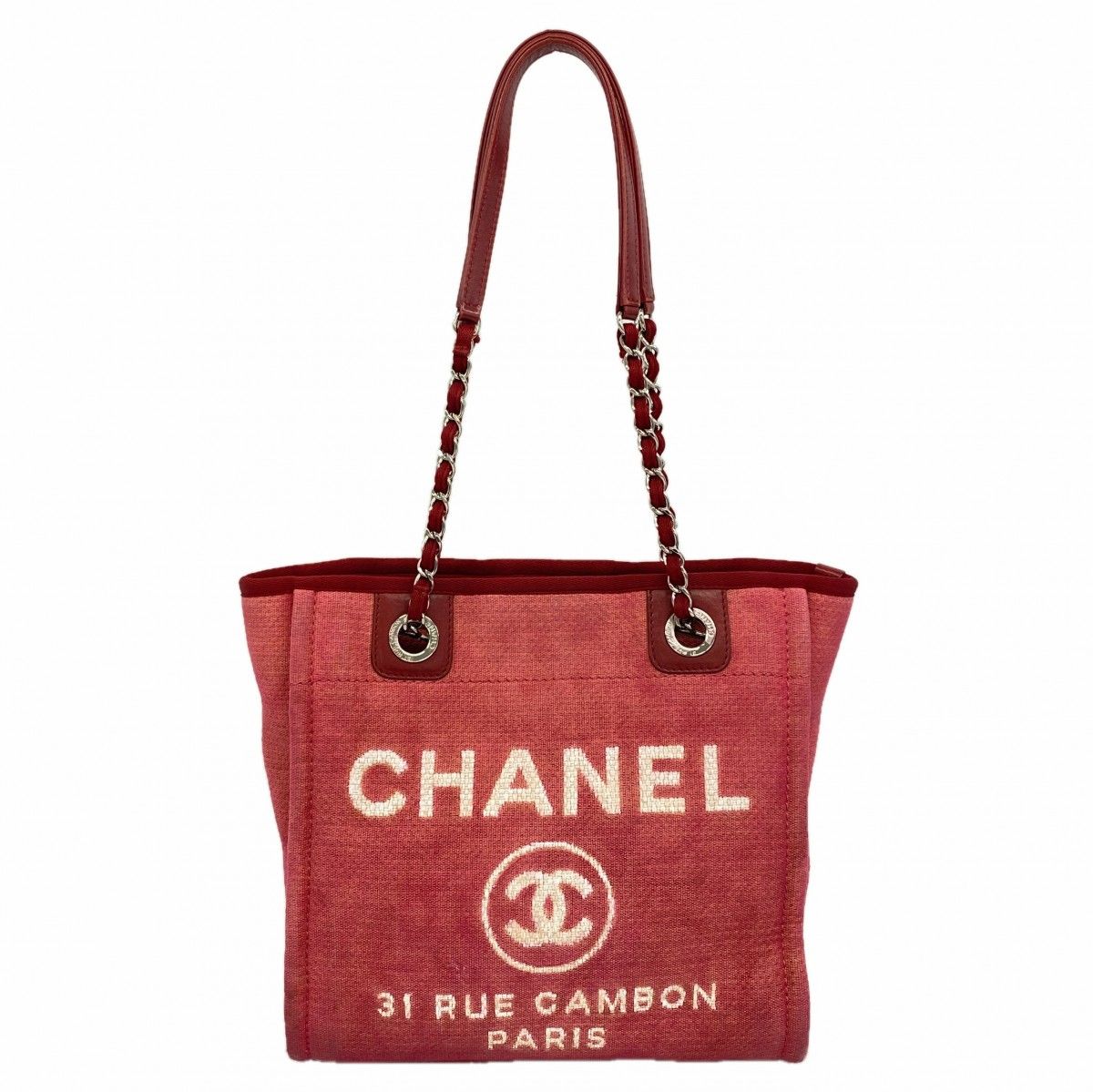 Chanel Chain Tote Deauville Canvas Red Silver