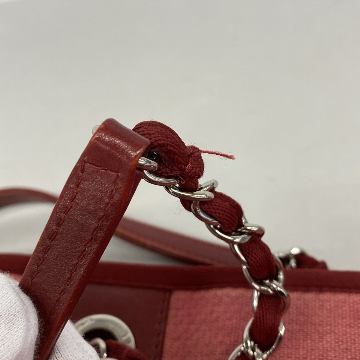 Chanel Chain Tote Deauville Canvas Red Silver — view 8