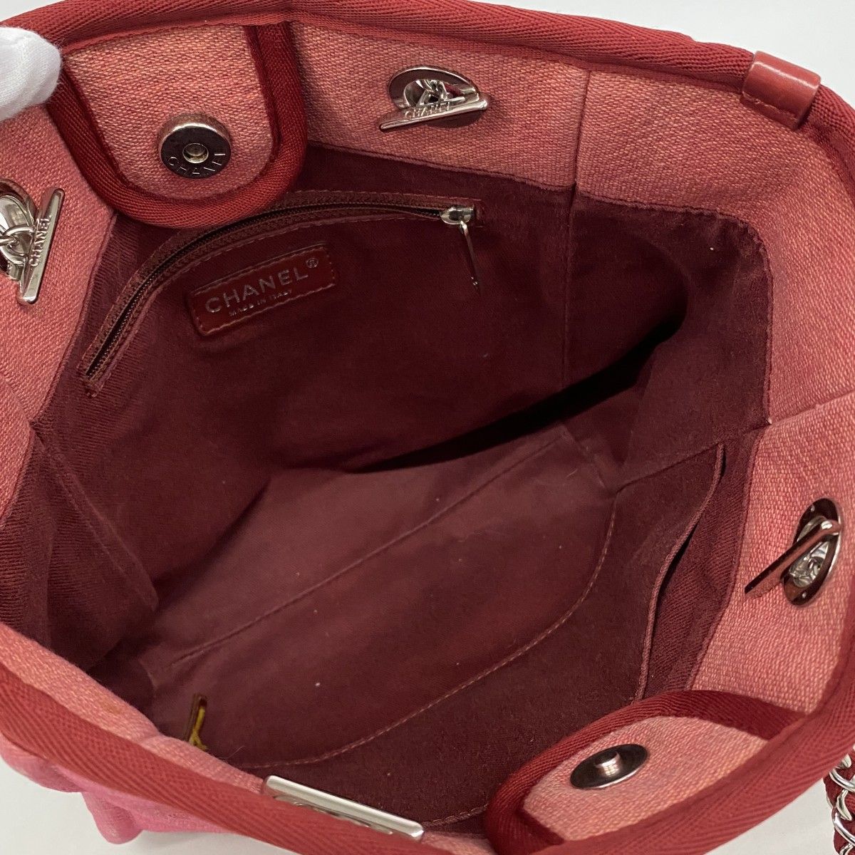 Chanel Chain Tote Deauville Canvas Red Silver — view 4