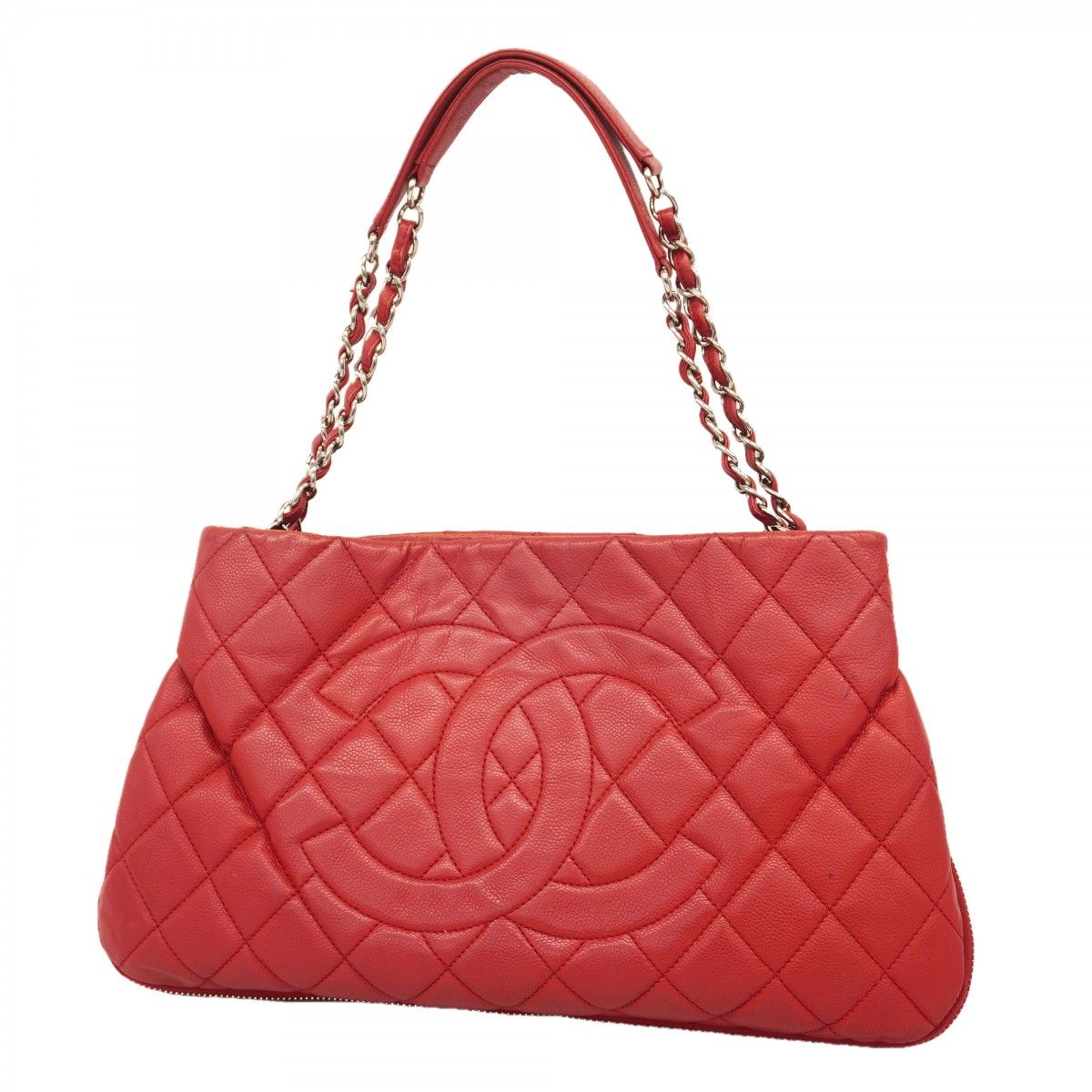 Chanel Chain Tote Quilted Caviar Leather Red Silver