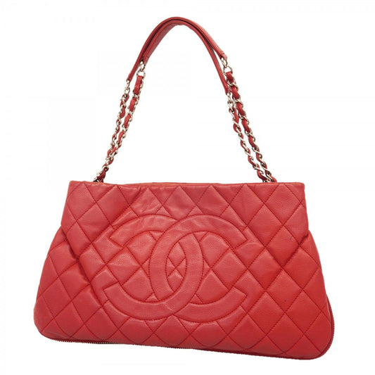Chanel Chain Tote Quilted Caviar Leather Red Silver
