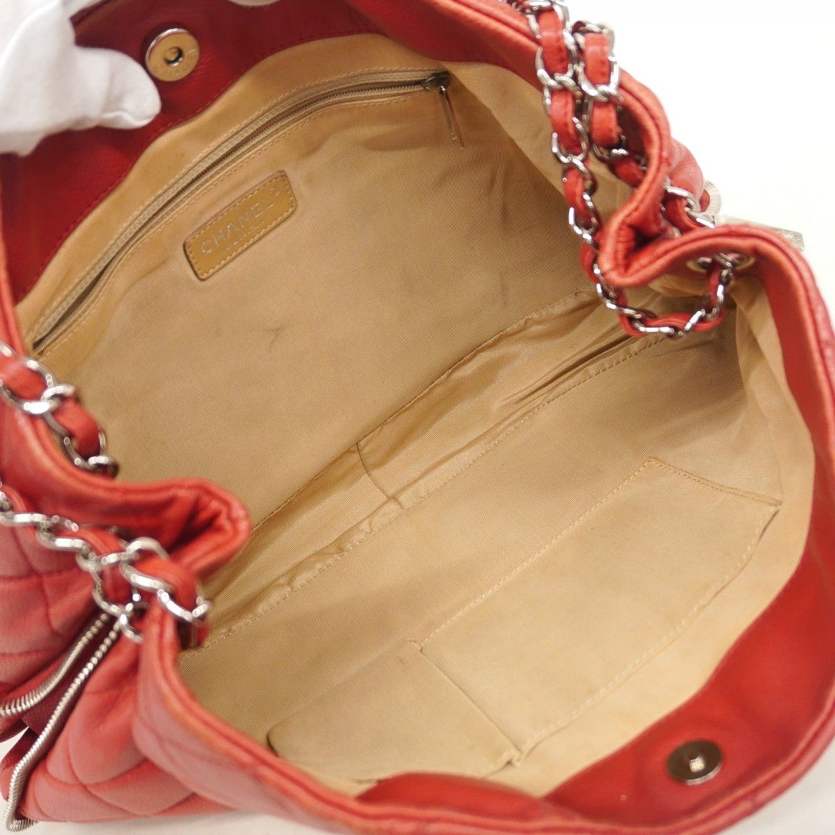 Chanel Chain Tote Quilted Caviar Leather Red Silver — view 4