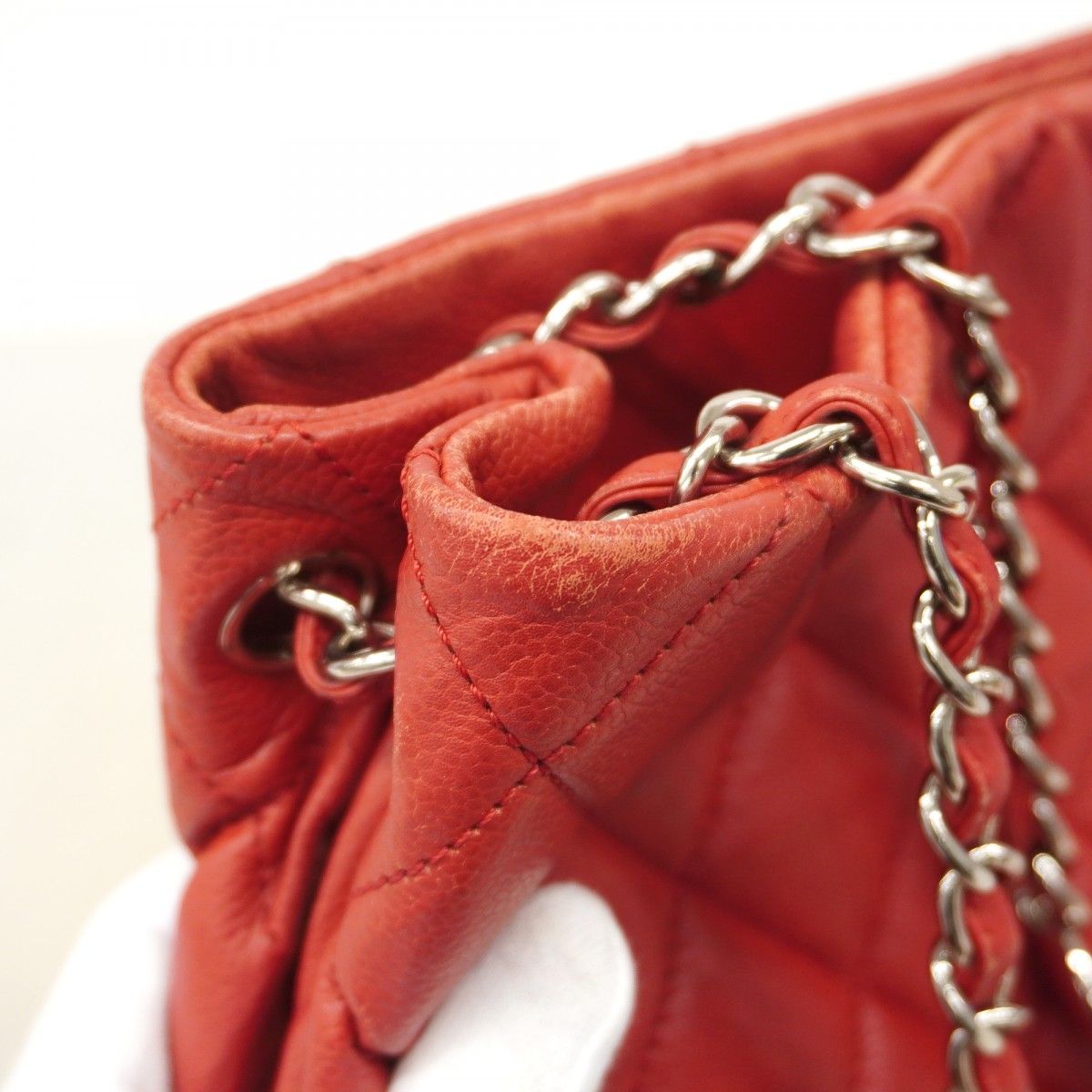 Chanel Chain Tote Quilted Caviar Leather Red Silver — view 7