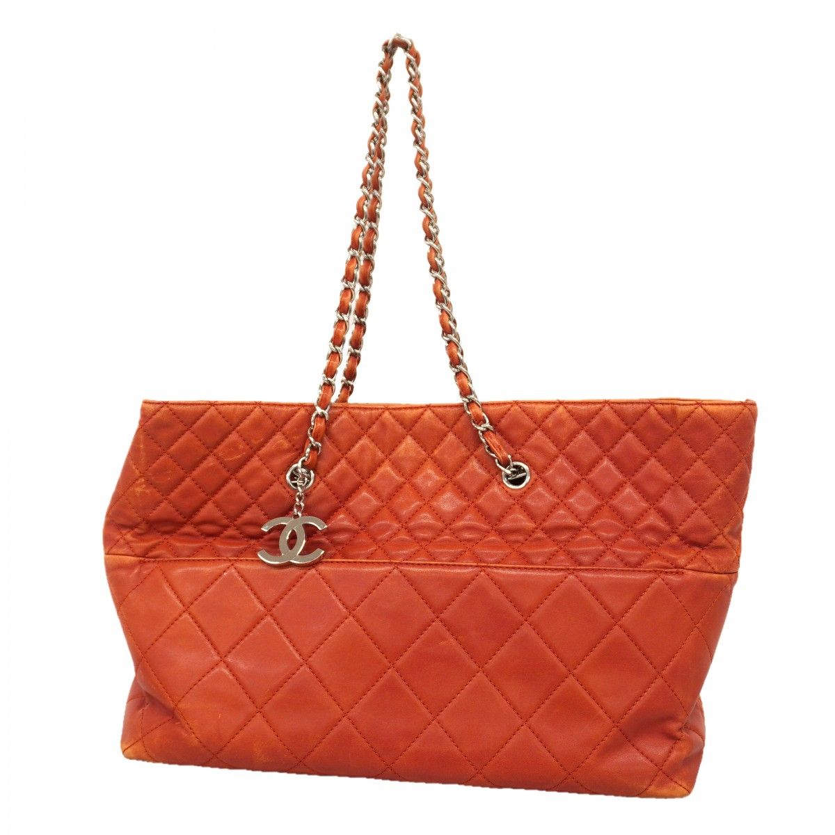Chanel Chain Tote Quilted Lambskin Red Silver
