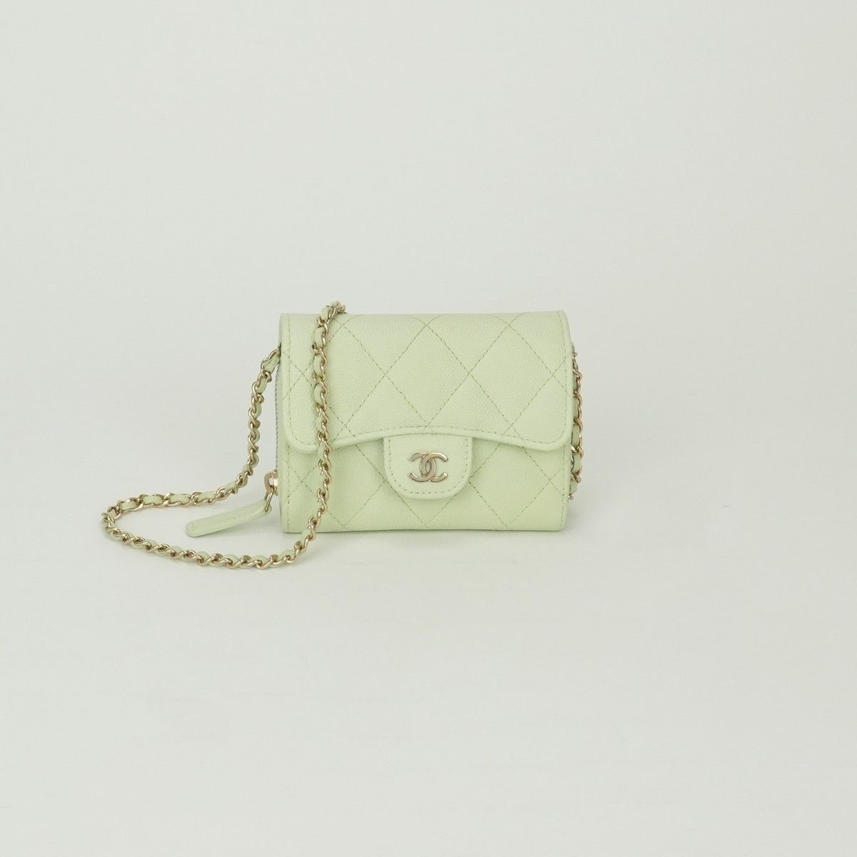 Chanel Quilted Wallet Bifold Mini Caviar Leather Mint Green Mintgreen Gold