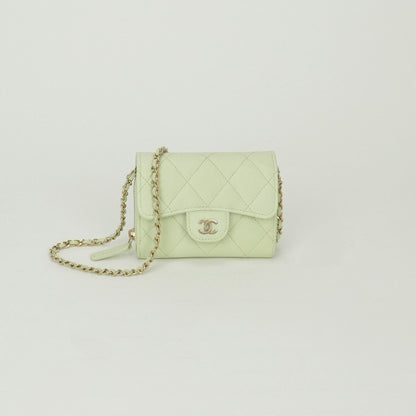 Chanel Quilted Wallet Bifold Mini Caviar Leather Mint Green Mintgreen Gold