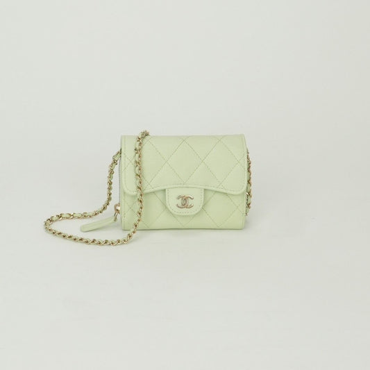 Chanel Quilted Wallet Bifold Mini Caviar Leather Mint Green Mintgreen Gold