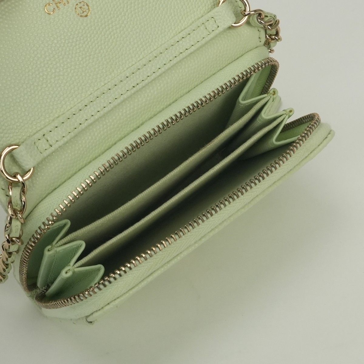 Chanel Quilted Wallet Bifold Mini Caviar Leather Mint Green Mintgreen Gold — view 9