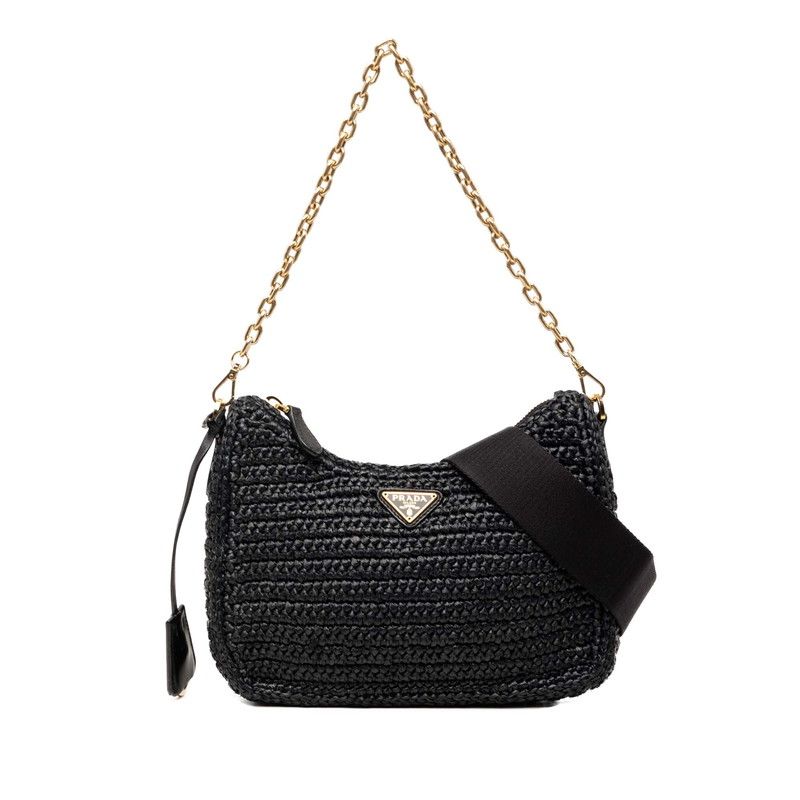 Prada Reedition Chain Shoulder Bag Black Raffia
