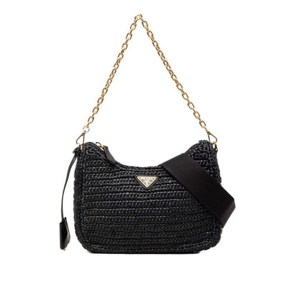 Prada Reedition Chain Shoulder Bag Black Raffia