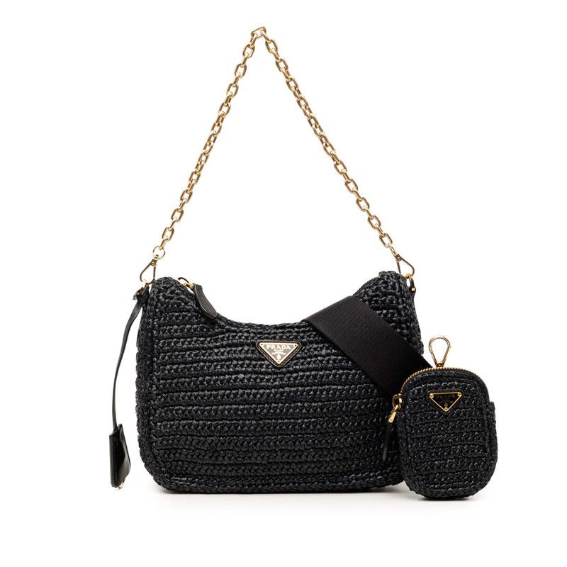 Prada Reedition Chain Shoulder Bag Black Raffia — view 6