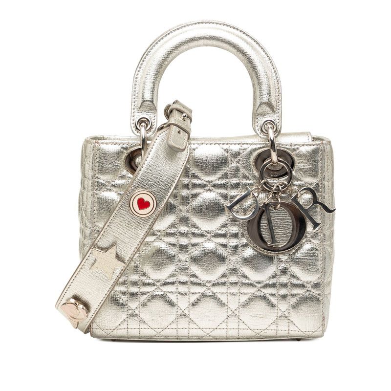 Dior Cannage Lady Dior 2-Way Shoulder Bag Silver Lambskin